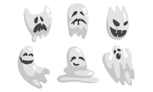 Cute White Ghost Cartoon Character Set, Funny Halloween Scary Ghostly Monster with Various Emotions Vector Illustration — Stock Vector