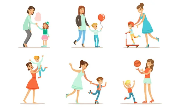 Madres felices jugando, divirtiéndose y disfrutando de un buen rato con sus lindos hijos Set Vector Illustration — Vector de stock