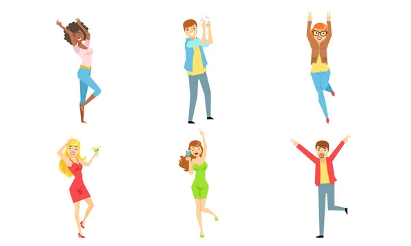 Conjunto de personas celebrando, Hombres y mujeres jóvenes felices bailando, saltando, aplaudiendo la ilustración vectorial — Vector de stock