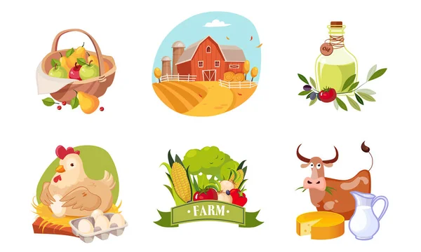 Farma Zvířata, Drůbež a Eco Zdravé produkty Set, Zemědělské a zemědělské odznaky Vektorové ilustrace — Stockový vektor