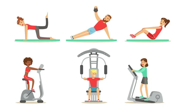 People Exercising in the Gym with the Equipment Set, Men and Women Wearing Sports Clothes doing Fitness Training on Exercise Machines, Healthy Lifestyle Concept Vector Illustration - Stok Vektor