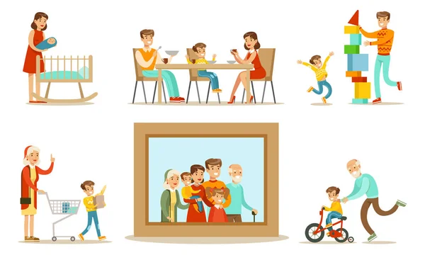 Portrait de famille heureux, grands-parents, parents et enfants passer du bon temps ensemble Set Illustration vectorielle — Image vectorielle