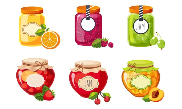Fruit and Berries Jam Jar Glasses Set, Strawberry, Apricot, Raspberry, Orange, Cherry, Gooseberry Vector Illustration — Stock Vector