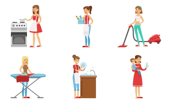 Уборка дома и выполнение домашней работы, персонажи домохозяек, мытье посуды, глажка, пылесос, уход за векторной иллюстрацией ребенка — стоковый вектор