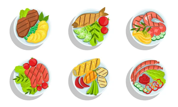 Sada zdravých pokrmů, pohled na grilované maso, ryby a zeleninu na talířích Vektorové ilustrace — Stockový vektor