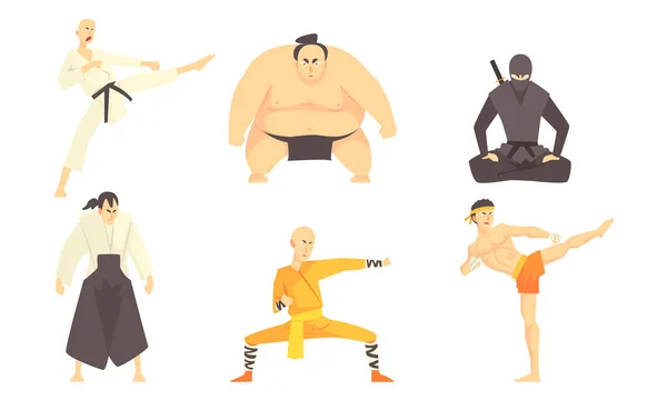 Asian Martial Arts Fighters Set, Male Professional Athletes Practicing Different Technique Kicks, Karate, Sumo, Aikido, Judo, Ninjutsu, Kickboxing Vector Illustration