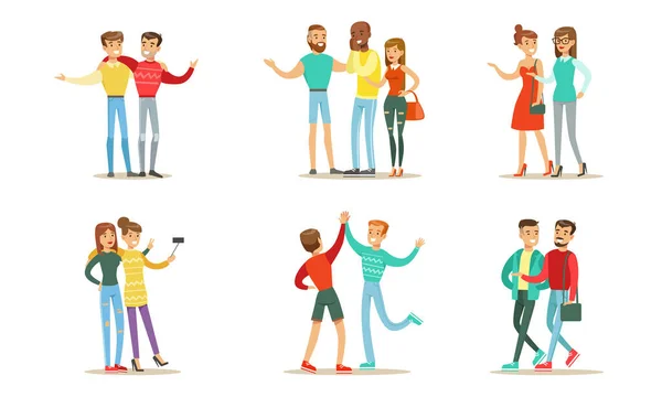 Friends Spending Good Time Together Set, Men and Women Meeting, Walking, Making Selfie, Giving High Five Vector Illustration Stok Ilustrasi Bebas Royalti