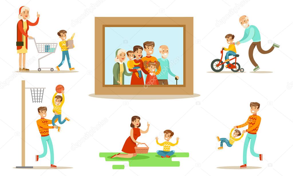 Happy Family Portrait, Grandparents, Parents and Children Having Good Time Together Set Flat Vector Illustration