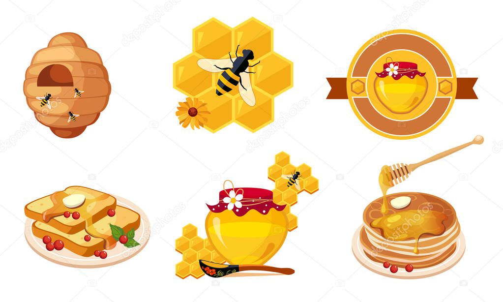 Honey and Beekeeping Elements Set, Beehive, Honeycomb, Toast Bread Slice, Honey Jar, Stack of Pancakes Vector Illustration