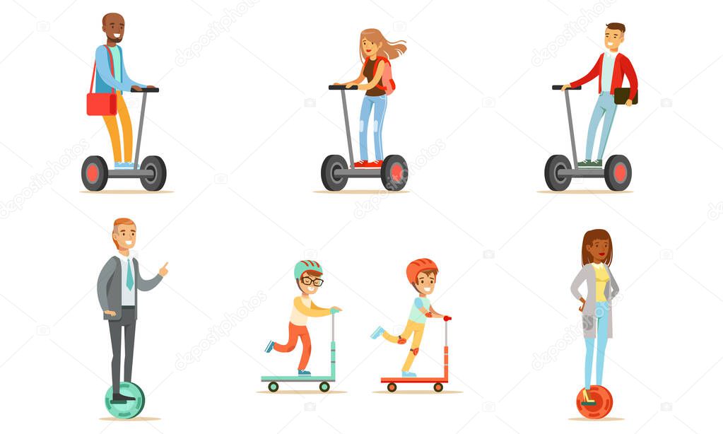 People Riding Self Balancing Scooters with One or Two Wheels, Young Men and Women Using Modern Individual Electric Transport, Cute Boys Riding Kick Scooters Vector Illustration
