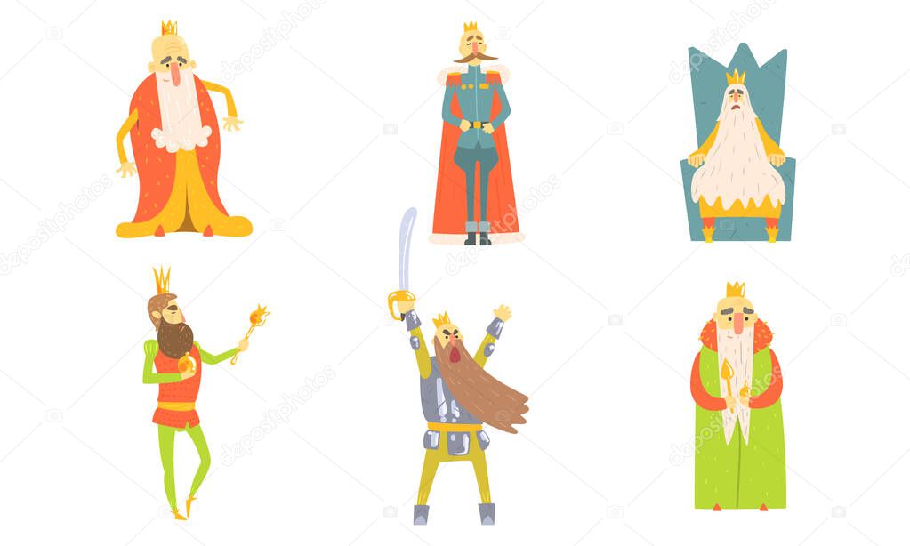 Funny King Cartoon Characters Posing in Different Situations Set Vector Illustration