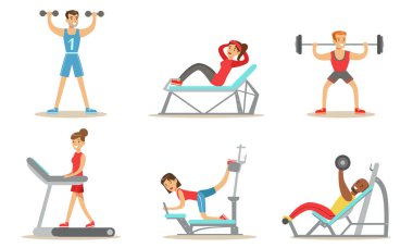 Spor Salonu 'nda Ekipman Seti, Spor Makineleri üzerine Spor Yapan Erkekler ve Kadınlar, Sağlıklı Yaşam Tarzı Vektör İllüstrasyonu