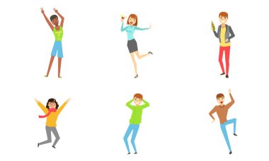 Halkın Seti, Dans eden, Zıplayan, İçen Alkol İçen, Parti Vektörü Resimlerinde Eğlenen Mutlu Genç Erkekler ve Kadınlar