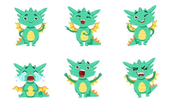 Söt Dragon Cartoon Character i olika situationer Set, rolig fantastisk varelse med olika känslor vektor Illustration — Stock vektor
