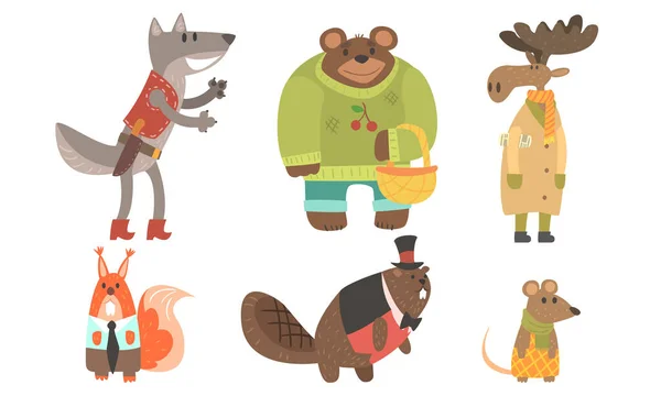 Çeşitli Giysilerde Şirin Hayvanlar Çizgi Filmi Karakterleri: Set, Kurt, Ayı, Moose, Fox, Squirrel, Beaver Vector Illustration — Stok Vektör