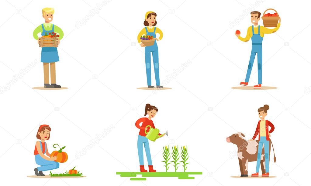 Farmers Working at Farm or Garden Set, Men and Women Harvesting Crops, Watering Plants and Caring for Farm Animals Vector Illustration