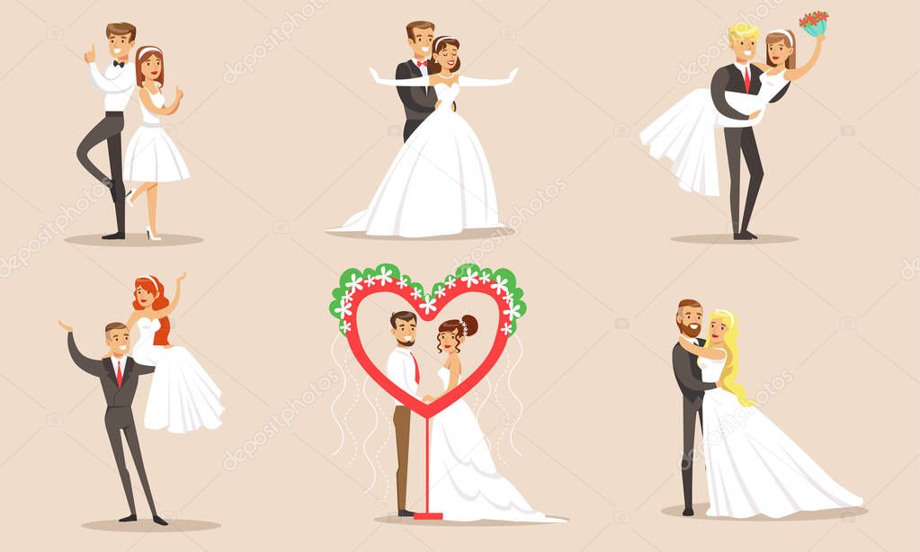 Happy Elegant Just Married Couples Set, Newlywed Bride and Groom at Marriage Ceremony Vector Illustration