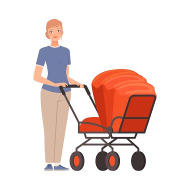 Beyaz arka planda bir kadın ve bebek arabası