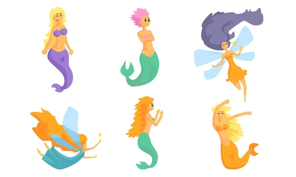 Verzameling van schattige sprookjesachtige zeemeerminnen en mooie feeën in vlucht vector illustratie — Stockvector