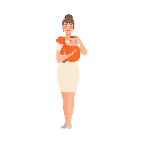Mom wears a sling with a baby character Illustration Vector