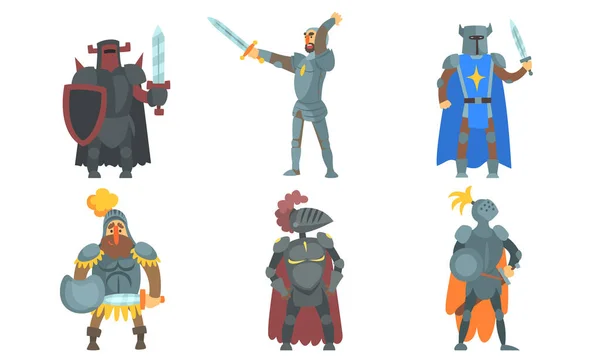 Caballeros medievales con conjunto de espadas, antiguos guerreros personajes en armadura Vector Ilustración — Vector de stock