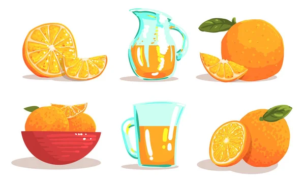 Rijp gesneden sinaasappelen en kan vers sap set Vector Illustratie — Stockvector