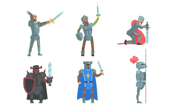 Caballeros medievales con conjunto de espadas, antiguos guerreros Personajes históricos en armadura Vector Ilustración — Vector de stock