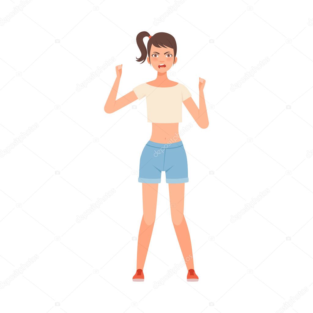 Angry teenager girl waving fists on a white background character Illustration