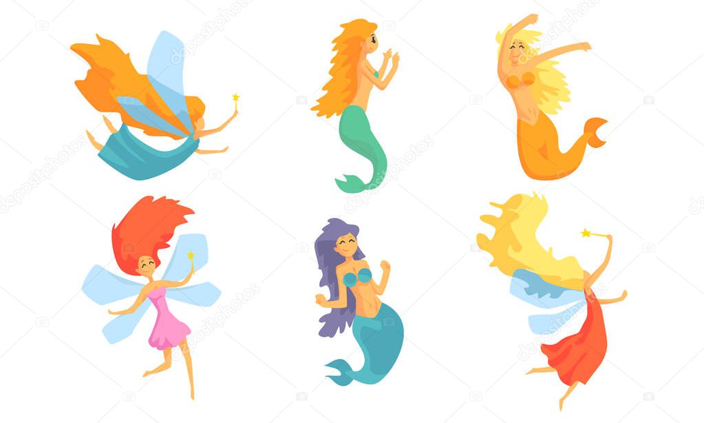 Collection of Cute Mermaids and Beautiful Fairies in Flight Vector Illustration