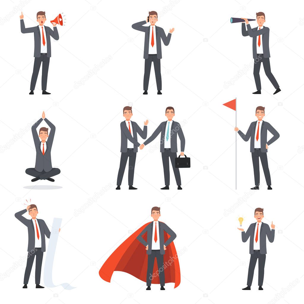 Businessmen characters, people in business suits in different situations vector illustration