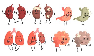 Sağlıklı ve Sağlıksız İnsan İç Organı Çizgi Filmleri Seti, Böbrekler, Mide, Beyin, Akciğer, Tiroid Vektör İllüzyonu
