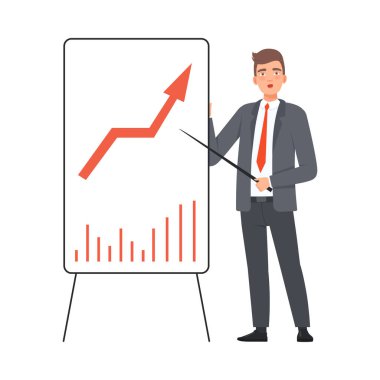 Bisnessman, Gösterge Çubuğu Karakteri İllüstrasyon Vektörünü kullanarak İstatistikleri Sunar
