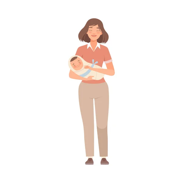 Moeder houdt baby en glimlacht op een witte achtergrond karakter — Stockvector
