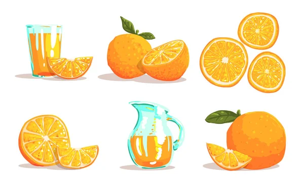 Naranjas maduras en rodajas y conjunto de jugos frescos Vector Illustration — Vector de stock
