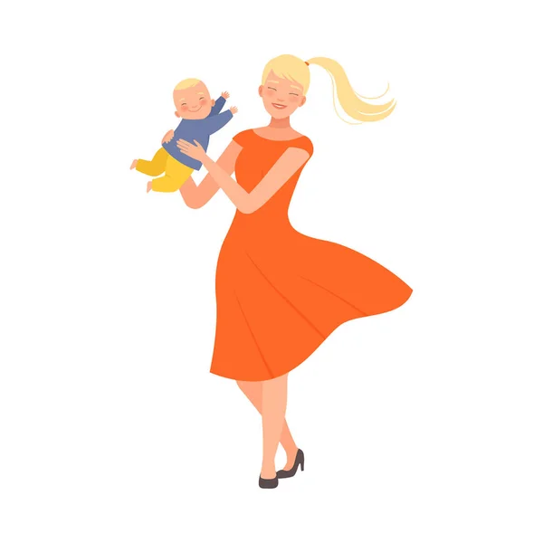 Mother is spinning with her baby character Illustration Vector — Stock Vector