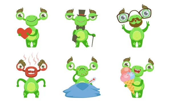 Grappig monstertje met verschillende emoties set, groene mutant stripfiguur in verschillende situaties vectorillustratie — Stockvector