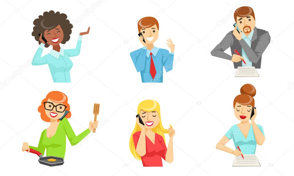 Different People Talking on Smartphones Set, Male and Female Characters Calling by Telephones Vector Illustration