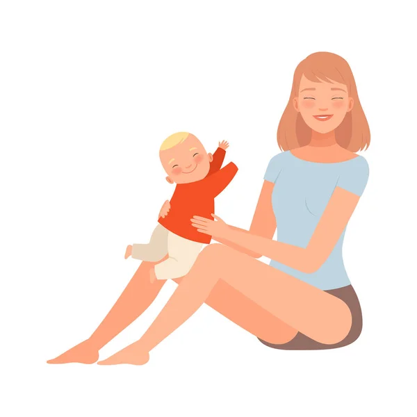 Dziewczyna siedzi z dzieckiem w ramionach postać Ilustracja Vector — Wektor stockowy
