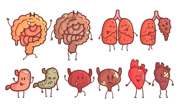 Здорові та нездорові внутрішні органи людини Картонові елементи Set, Bladder, Heart, Lungs, Intestines, Stomach Vector Illustration — стоковий вектор