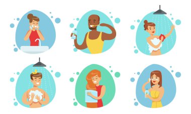 Banyo Prosedürleri Hazırlanan İnsanlar, Günlük Günlük Günlük Rutin Vektör İllüstrasyonu