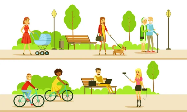 Mensen ontspannen en sporten in het Openbaar Park, mannen en vrouwen wandelen, fietsen, Laptop Computer gebruiken, Selfie Vector Illustratie maken — Stockvector