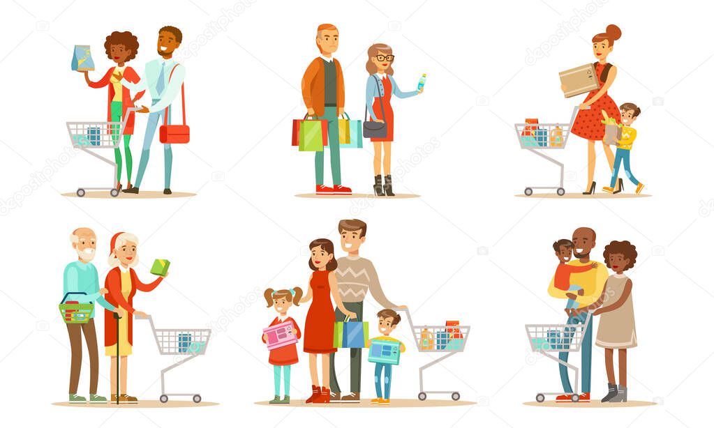 People Carrying Shopping Bags and Pushing Carts with Purchases Set, Family Couples and Parents with Kids Buying Groceries and Taking Part in Seasonal Sale at Store Vector Illustration