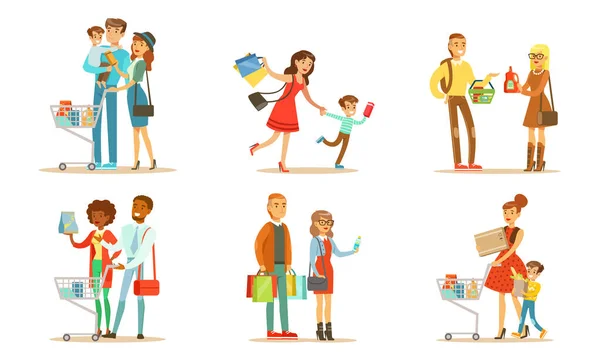 Pessoas carregando sacos de compras e empurrando carrinhos com conjunto de compras, famílias comprando mantimentos e participando de venda sazonal na ilustração Vector loja — Vetor de Stock