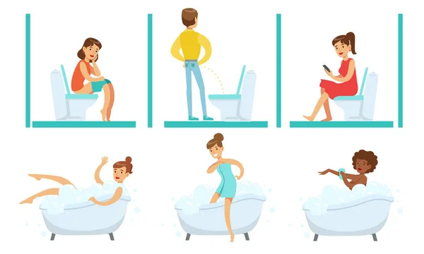 Ensemble de toilettes, jeunes hommes et femmes prenant leur bain dans la baignoire et utilisant des cuvettes de toilette Illustration vectorielle — Image vectorielle