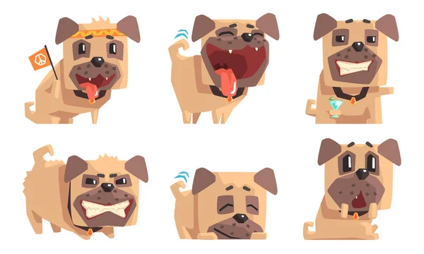 Aranyos Pug Dog különböző érzelmek készlet, Vicces állat rajzfilm karakter különböző helyzetekben Vektor illusztráció — Stock Vector