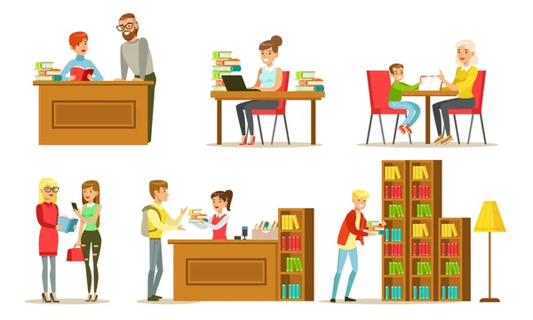 People in Library Set, Visitors and Students Reading Books, Studying and Preparing for Examination Vector Illustration — Stock Vector