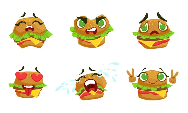 Mignon personnage de bande dessinée hamburger Kawaii avec différents ensembles d'émotions, drôle d'illustration vectorielle d'émoticônes hamburger — Image vectorielle