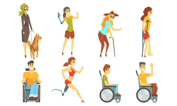 Různé zdravotně postižené osoby sada, nevidomé, zraněné a zdravotně postižené osoby vektorové ilustrace — Stockový vektor