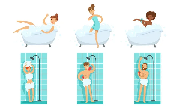 Fiatal férfiak és nők zuhanyozni és fürdeni fürdőkádban a fürdőszobában beállított vektor illusztráció — Stock Vector