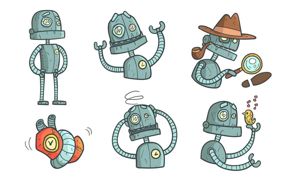 Vintage Robot Character Set, Steampunk Robotics in Different Situations Vector Illustration — Stok Vektör